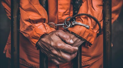 The dramatic scene of a prisoner's handcuffed hands behind bars in orange attire, filtered for a dramatic effect