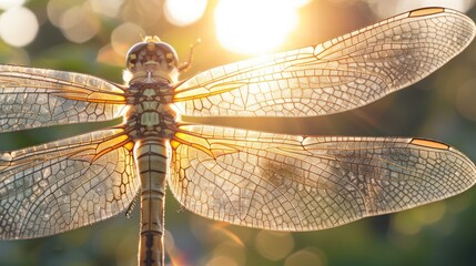 Intricate dragonfly, crisp macro focus, soft backdrop, sunset light