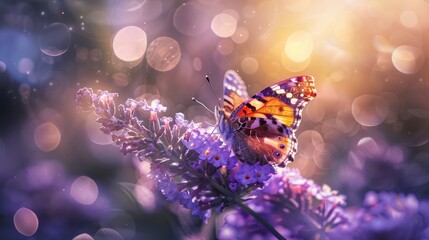 Macro vibrant butterfly, sunlit on flower, soft bokeh background - obrazy, fototapety, plakaty
