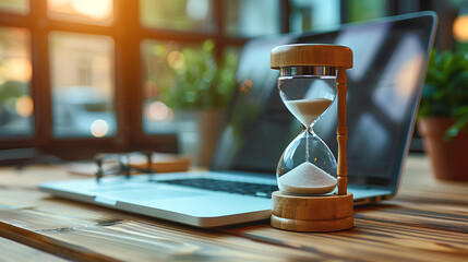 Laptop and hourglass on wooden table, concept of managing time at work - obrazy, fototapety, plakaty