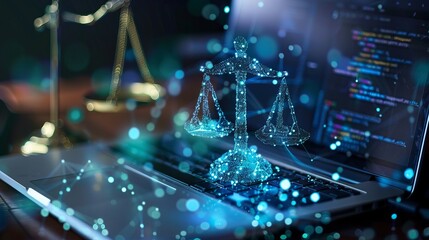 The integration of technology in legal court proceedings is highlighted by the presence of law trial tech and a laptop - obrazy, fototapety, plakaty