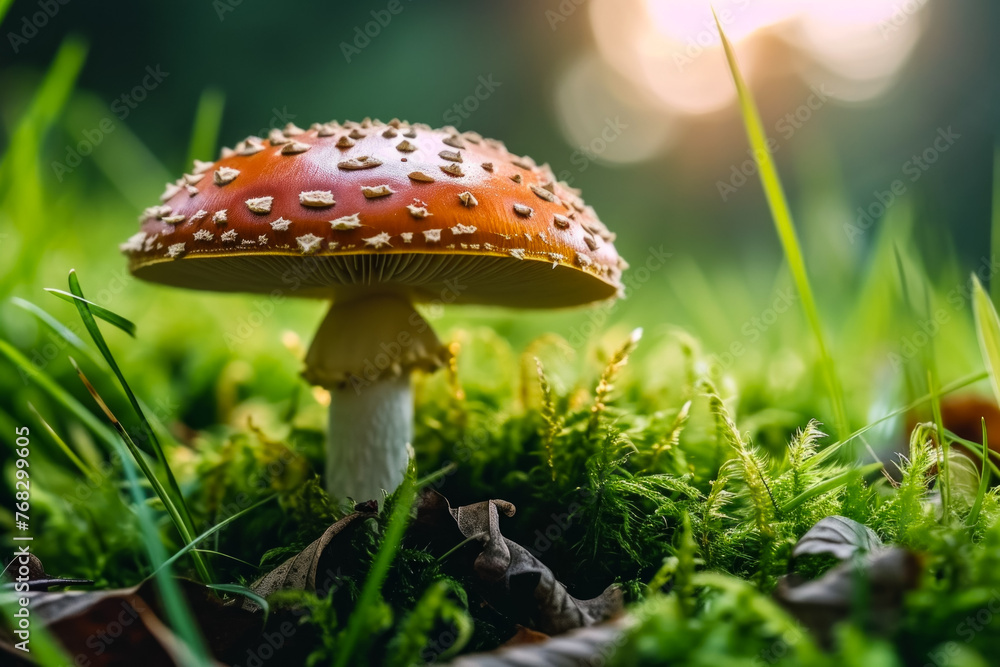 Poster fly agaric in the forest. background with selective focus and copy space