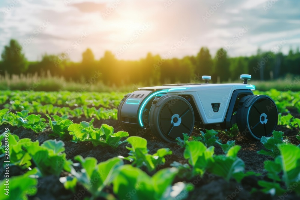 Poster modern farm with robots. background with selective focus and copy space