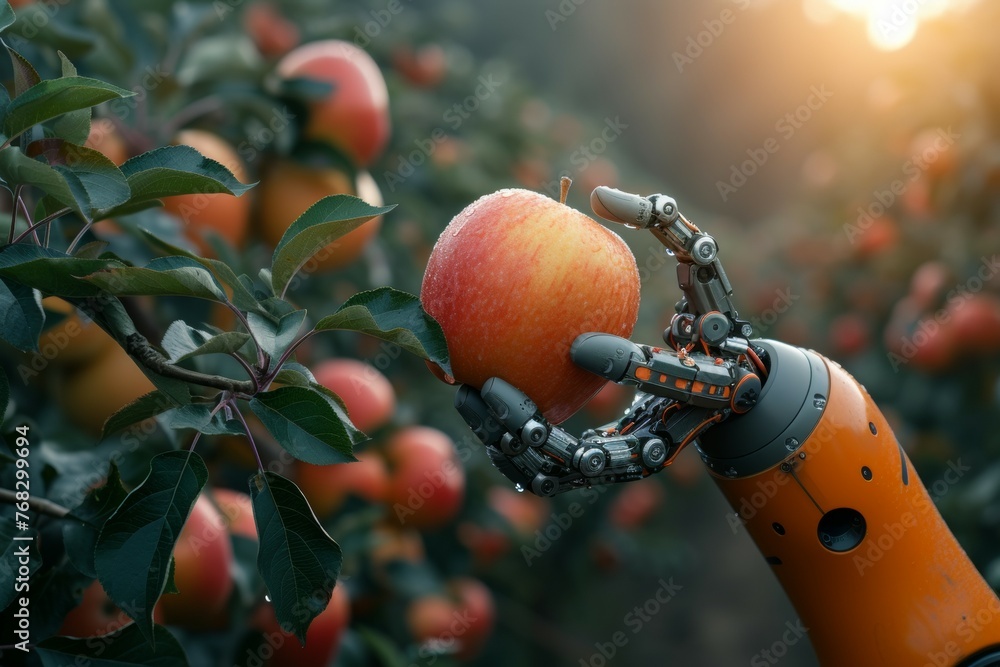 Aufkleber a robot hand works on a modern farm. background with selective focus and copy space