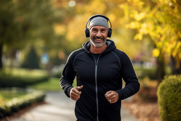 Fototapeta premium A man with a smile on his face jogging in a park, enjoying his run amidst the greenery and fresh air.