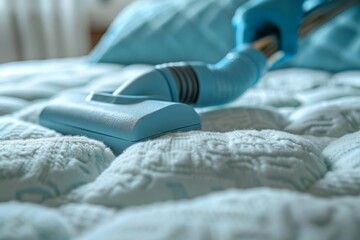 A blue vacuum cleaner is on a bed