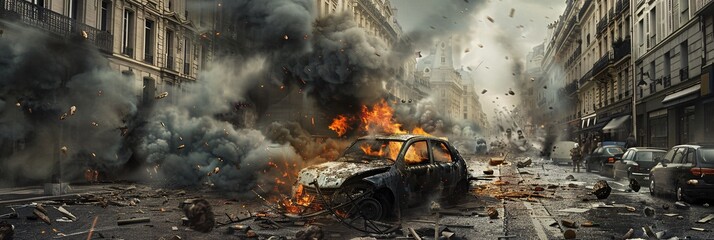 Tumultuous Times  The Unrest in Paris Streets with Burning Car Amidst Protests - obrazy, fototapety, plakaty