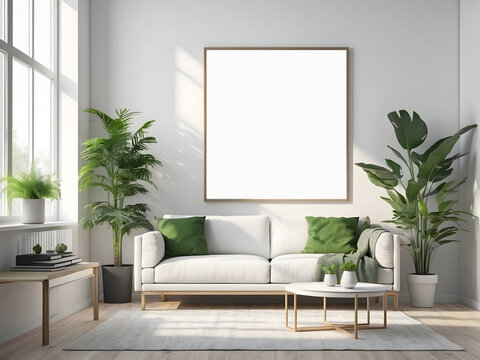 An empty poster frame is on the wall in the living room interior, which has modern furniture and excellent green plant decoration, a white sofa, and a window with bright sunlight. This is a rendering.