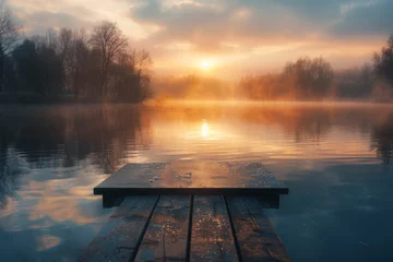 Fotobehang photography of a serene sunrise over a tranquil lake, capturing a moment of mindfulness and peace in nature  © Iridium Creatives