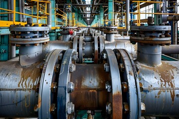 Complex network of large pipes and valves in an oil processing facility. Concept Oil Processing Facility, Large Pipes, Valves, Industrial Machinery