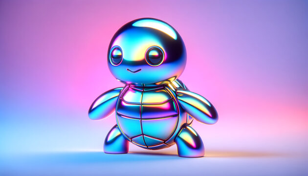 Futuristic Iridescent Turtle Character in Neon Spectrum. 3D-rendered image of a koopa troopa character with an iridescent, shiny surface that reflects a spectrum of neon colors. 
