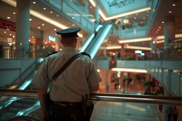 A security guard stands on a railing in a mall