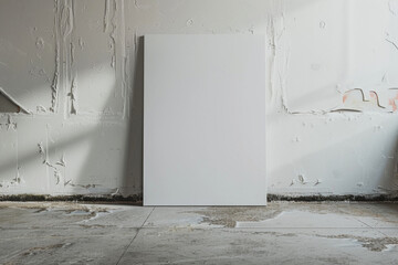Ultra-realistic photograph of a white poster board leaning against a minimalist wall, the space around it filled with potential for impactful messages or art 

