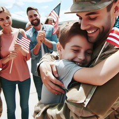 Obraz premium Thank God, my lovely son, for coming back from the military. A picture that shows you the importance of your family. Generative AI