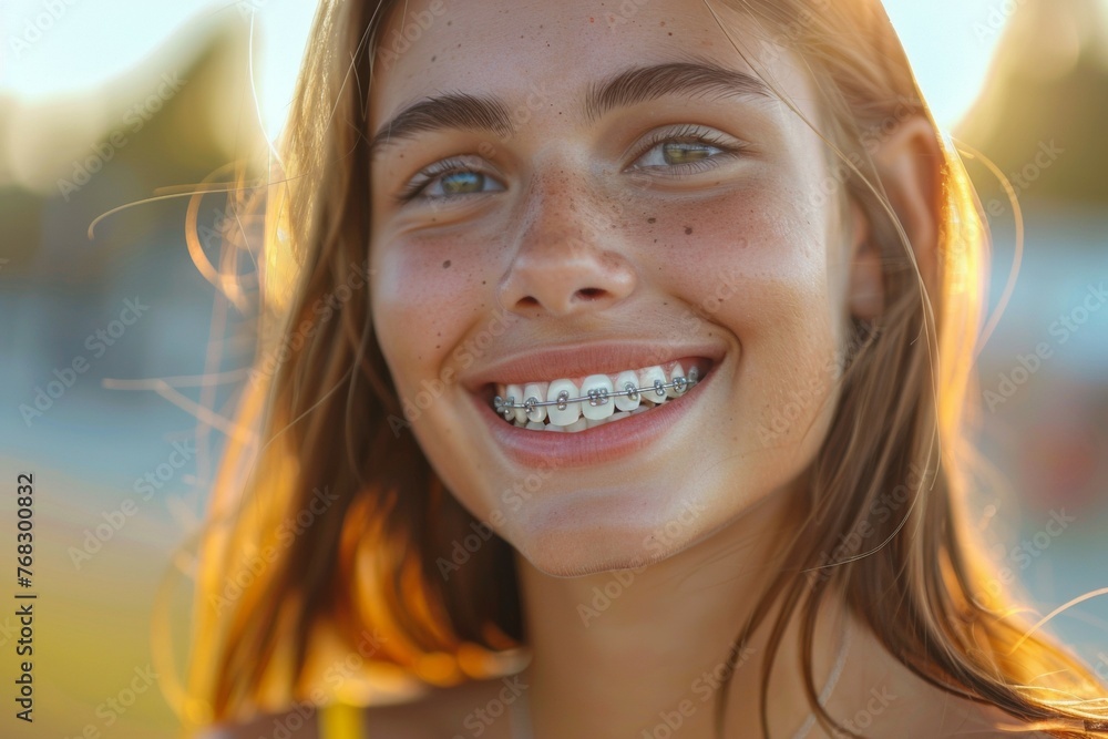 Wall mural A girl with braces is smiling and looking at the camera