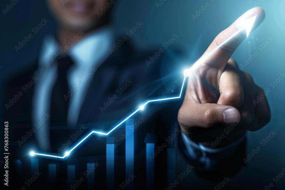 Aufkleber a man in a suit is pointing to a graph with a line that is rising