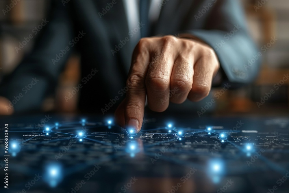 Poster a man is pointing at a computer screen with a blue background
