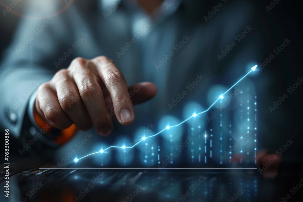 Aufkleber a person is pointing at a graph with a blue line that is rising