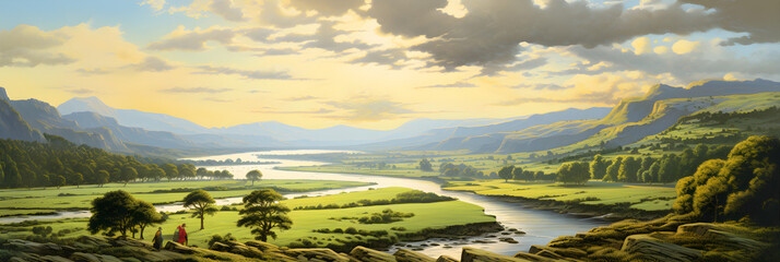 Golden Afternoon: A Serene Panorama of Lush Pastures, Rolling Hills, A Slow River and Velvet Skies - obrazy, fototapety, plakaty
