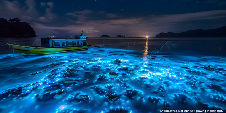 An enchanting boat tour through Glowing Lights Illuminate a Vast Water Surface, Gorgeous landscape of vaadhoo island maldives