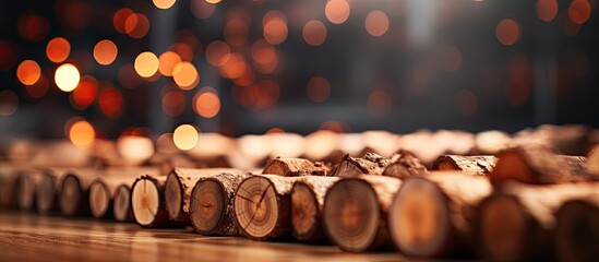 A line of hardwood logs placed on a wooden table, creating a rustic and warm atmosphere. This still life photography captures the natural landscape and the temperature of the wood - obrazy, fototapety, plakaty