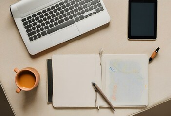 Top view of a minimalist desk with a tablet and pens on it