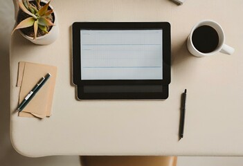 Top view of a minimalist desk with a tablet and pens on it