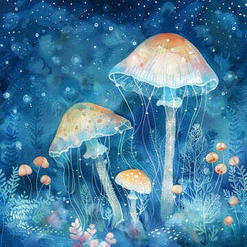 Mushroom and jellyfish combined into one underwater scene Watercolor illustration - Childrens storybook illustration in whimsical fairytale style created with Generative AI Technology