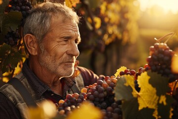 An elderly farmer examines the quality of grapes in his vineyard during a golden hour, reflecting...