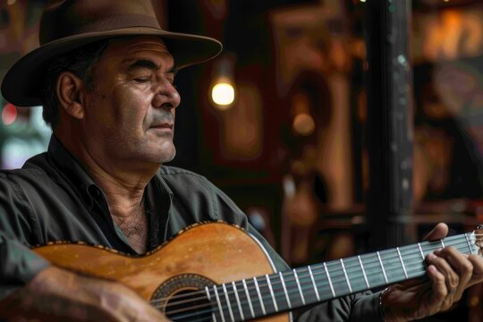 A mature guitarist deeply focused on playing his acoustic guitar, captured with a blurred background