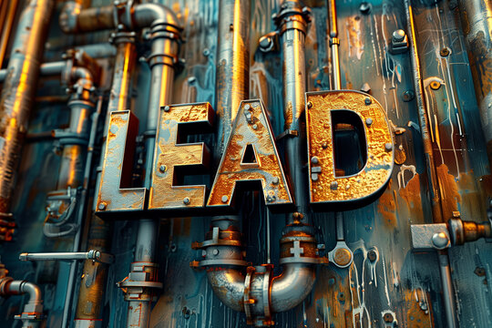 a rusty sign that spells "Lead" surrounded by old dangerous lead pipes