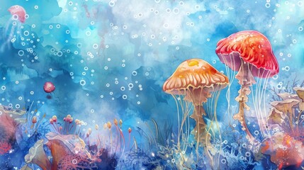Fototapeta na wymiar Mushroom and jellyfish combined into one underwater scene Watercolor illustration - Childrens storybook illustration in whimsical fairytale style created with Generative AI Technology