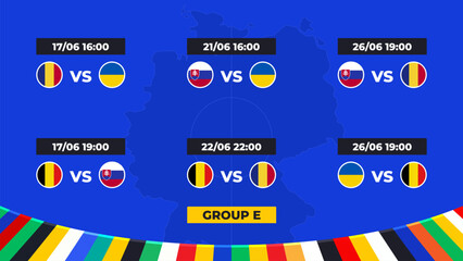 Match schedule. Group E of the European football tournament in Germany 2024! Group stage of European soccer competitions in Germany. - obrazy, fototapety, plakaty
