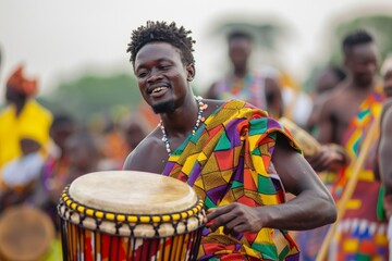 Fototapeta na wymiar Concentrated African drummer playing a djembe at a cultural event with others in the background