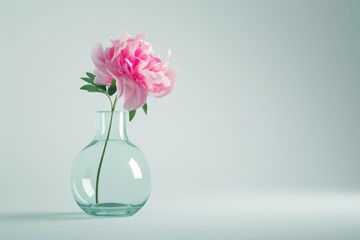 A vibrant pink peony in a clear vase against a bright, subdued background highlights simplicity and purity - obrazy, fototapety, plakaty