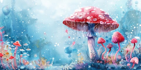 Mushroom and jellyfish combined into one underwater scene Watercolor illustration - Childrens storybook illustration in whimsical fairytale style created with Generative AI Technology - obrazy, fototapety, plakaty