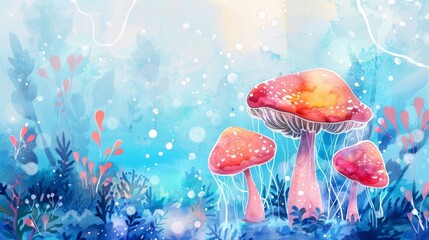 Mushroom and jellyfish combined into one underwater scene Watercolor illustration - Childrens storybook illustration in whimsical fairytale style created with Generative AI Technology - obrazy, fototapety, plakaty