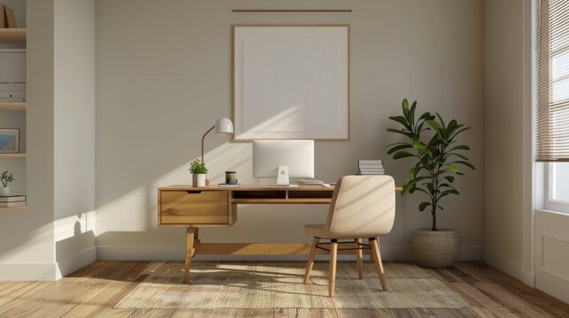 Contemporary home office with minimalistic decor featuring a small wooden desk, AI-generated