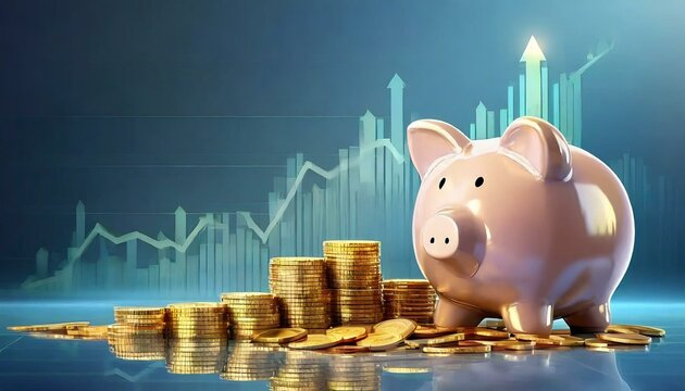 Illustration of a piggy bank with stacks of coins and stock growth chart on the stock exchange on blue background with space for text.
