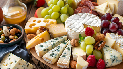 Close-up photo of cheese platter with fresh fruins and nuts, high quality cuisine art