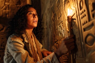 A person holds a torch while examining intricate hieroglyphs on a wall in an Egyptian temple, conveying a sense of discovery