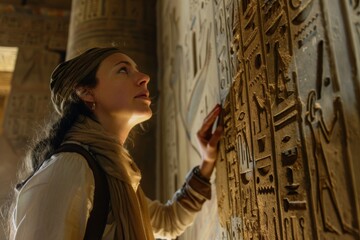 A young female explorer studies intricate wall carvings in an Egyptian tomb with awe - obrazy, fototapety, plakaty