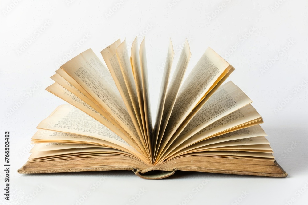 Poster an open hardcover book with its pages spread out like a fan, creating an interesting pattern against