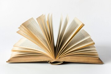An open hardcover book with its pages spread out like a fan, creating an interesting pattern against a white background