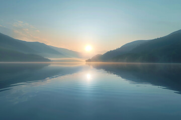 the reflective surface of a mountain lake at dawn, tranquil and silky against the rising sun
