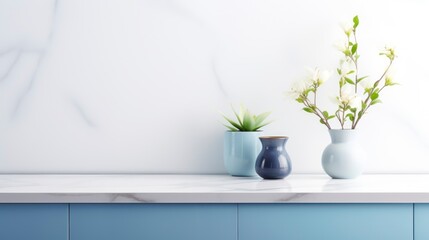 White marble countertop with indoor plant and vase