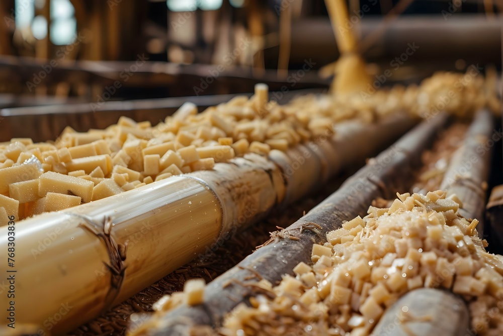 Poster enhancing sugar cane processing in factory with improved techniques efficient extraction bagasse uti