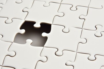 Fototapeta premium Incomplete white jigsaw puzzle with a single missing piece revealing a dark void