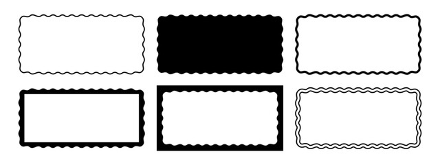 Set of rectangle frames with wiggly edges. Rectangular shapes with undulated borders. Picture or photo frames, empty text boxes, tags or labels scrapbook wavy elements. Vector graphic illustration.