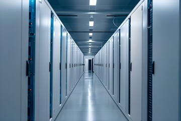 Highcapacity server racks in a data center corridor showcase the power of modern data storage infrastructure. Concept Data Center Infrastructure, Server Racks, High Capacity, Modern Technology